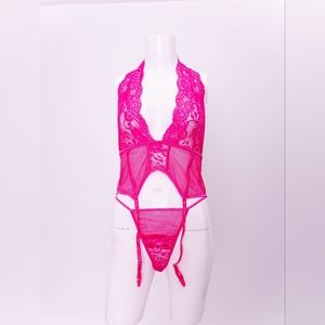 Pink Mesh and Lace Halter Bustier Garter and thong set